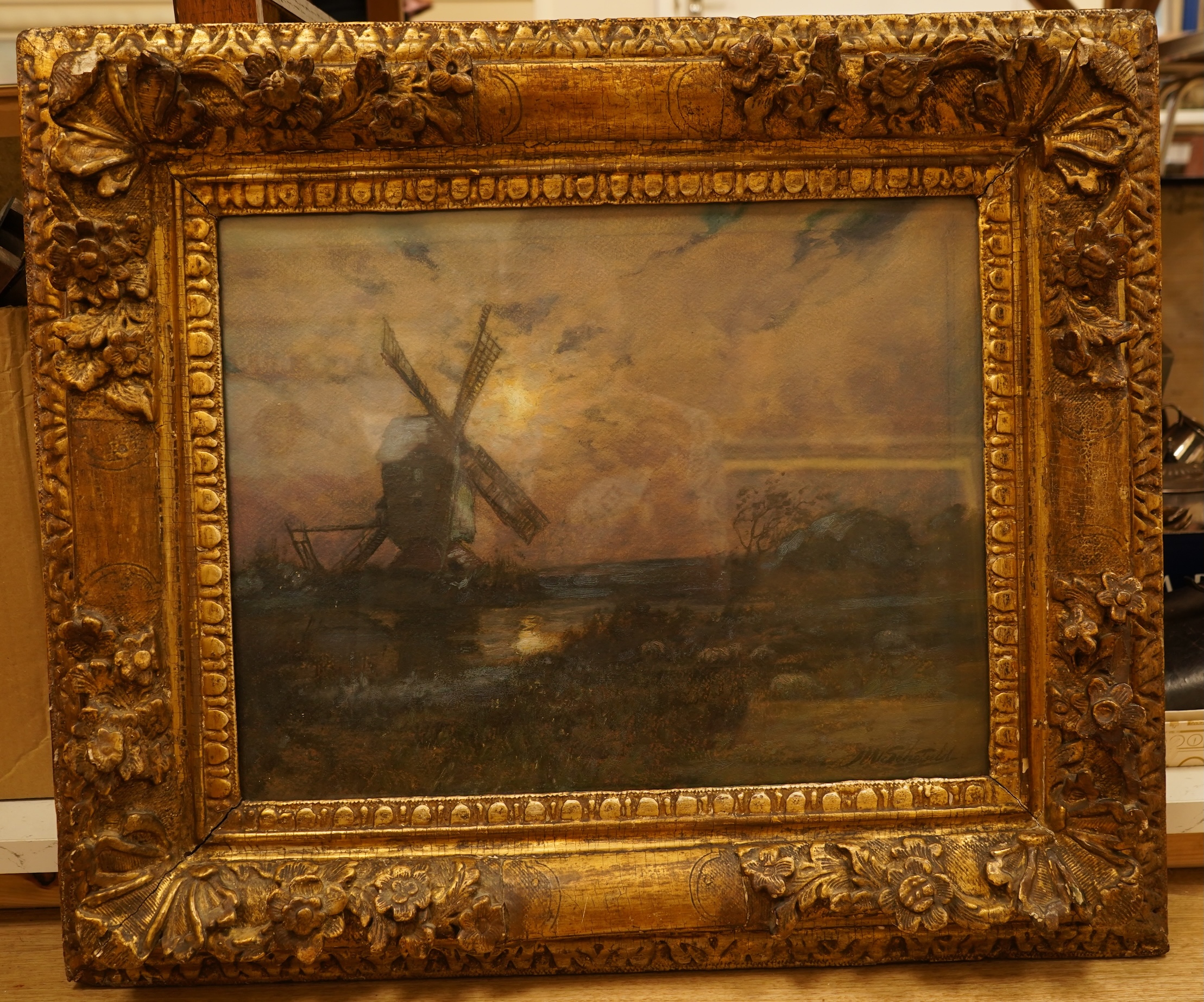 John William Schofield (1865-1944), Riverscape with windmill, oil and mixed media, signed, 34 x 44cm, ornate gilt frame